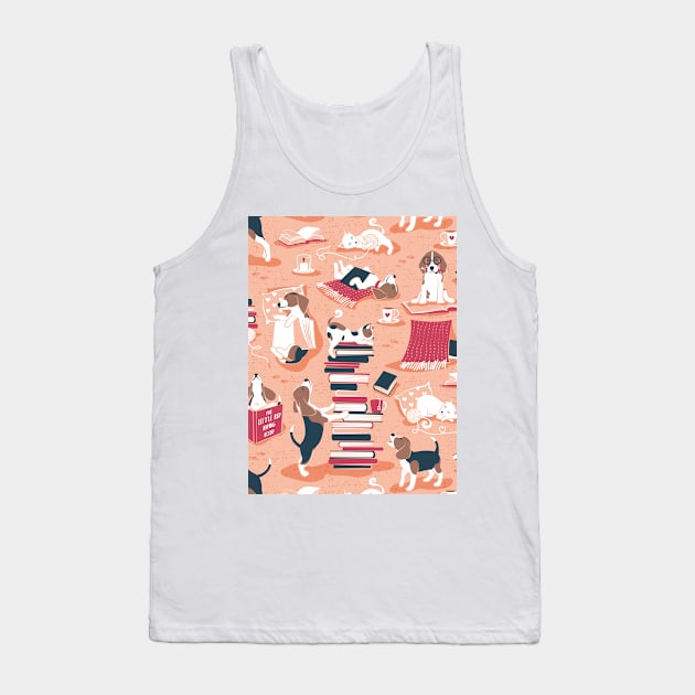 Life is better with books a hot drink and a friend // pattern // coral background brown white and blue beagles and cats and red cozy details Tank Top by SelmaCardoso